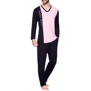 Pyjama long homme col V à motif rose et bleu marine en coton