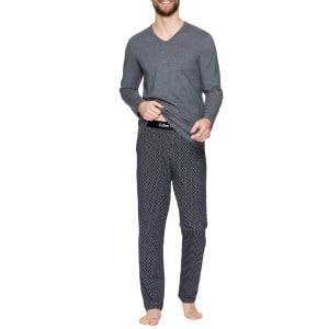 Pyjama long homme col V gris à motifs noeuds en coton