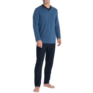 Pyjama long cardé 100% coton à micro motif jacquard Zen bleu